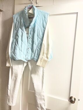 3 pc blue vest/satin blouse/White Denim Jean